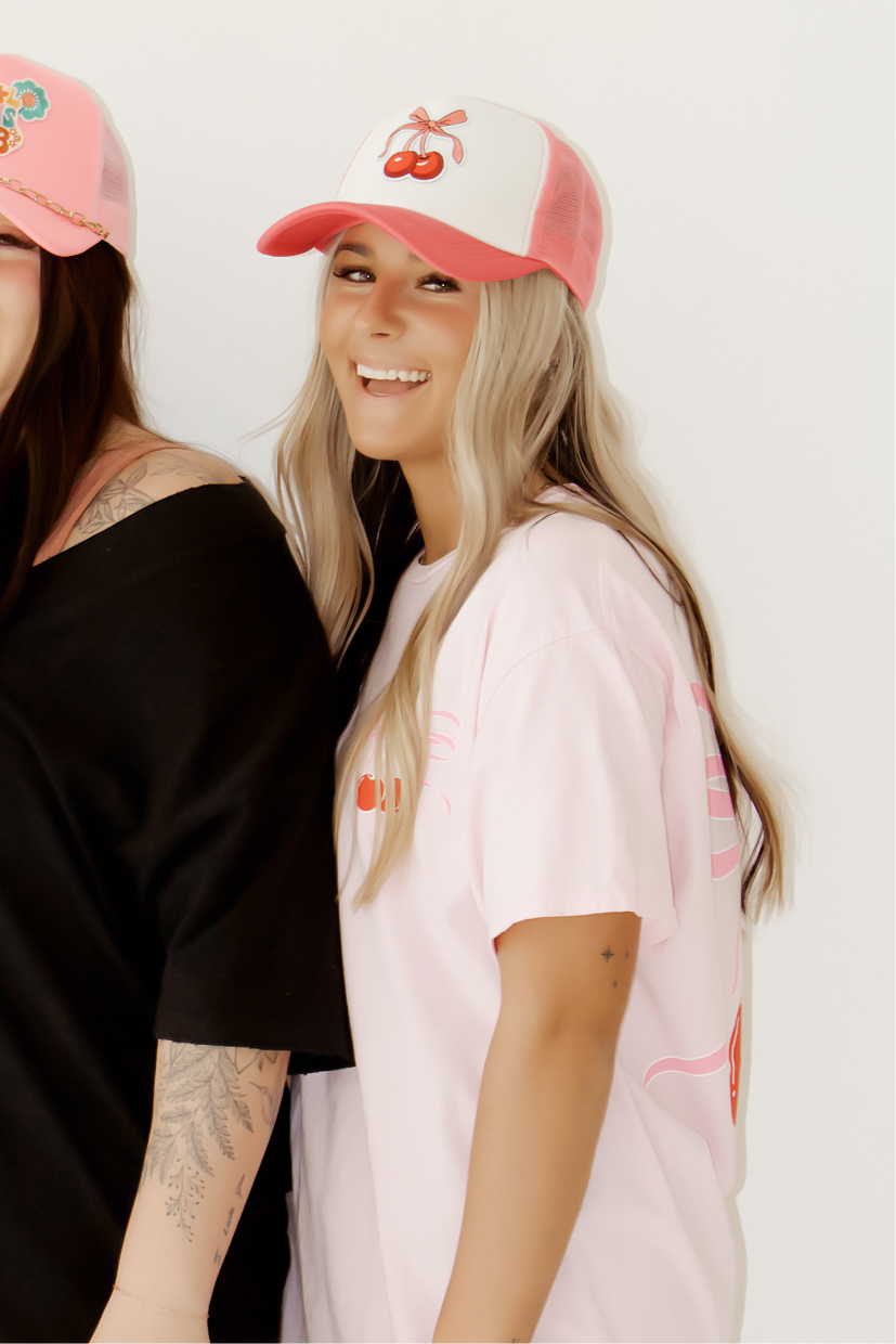 pink cherry bow trucker hat