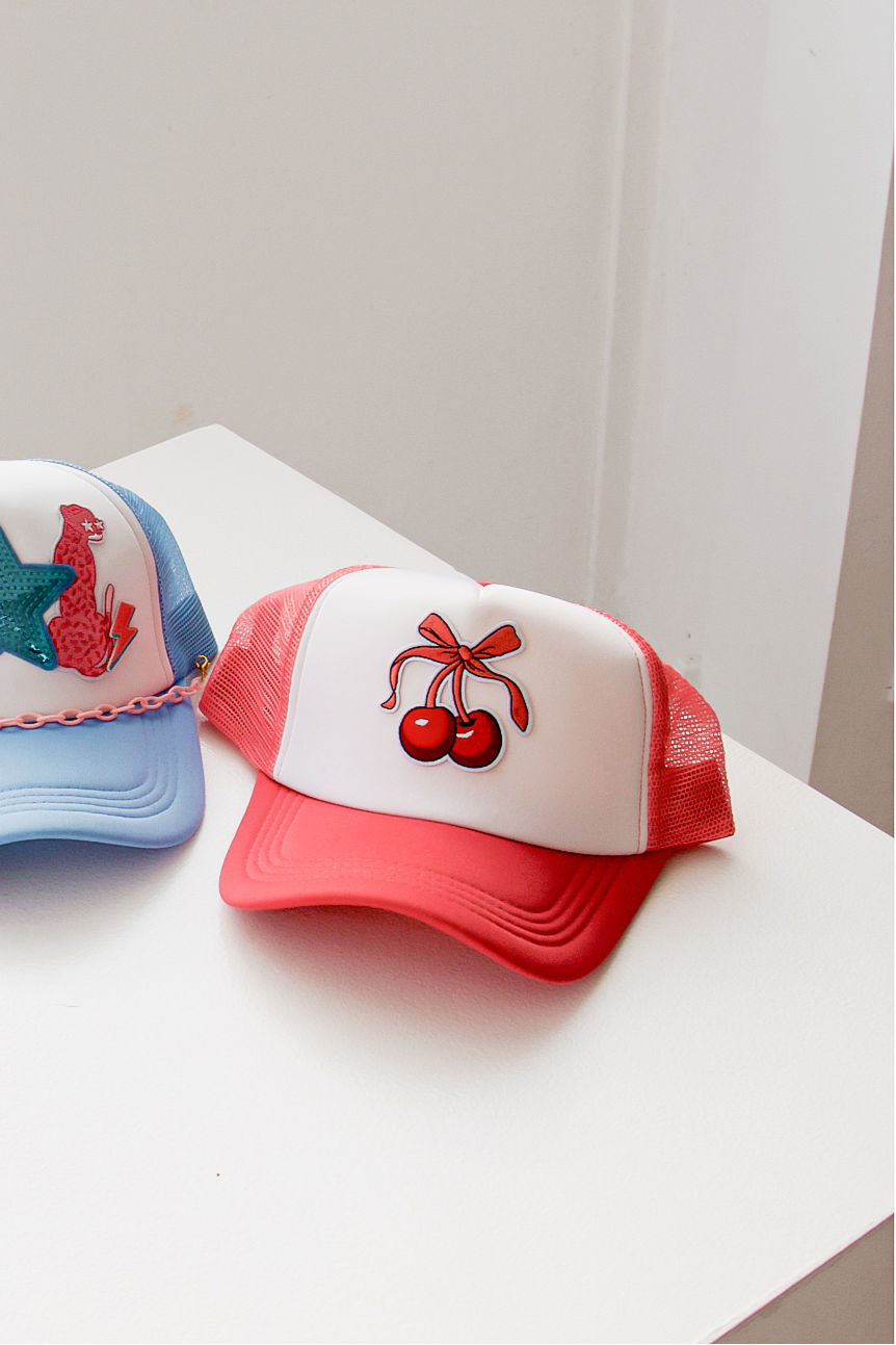 pink cherry bow trucker hat
